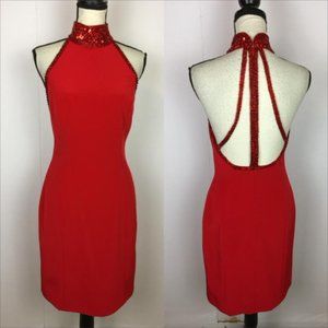 Niteline Della Roufagali Sheath Dress Size 10 Womans Red Halter Beaded Open Back